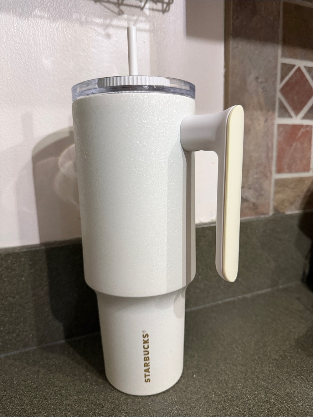 Starbucks Cream & White Travel Tumbler with Handle and Straw
